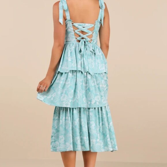 Lulus | Lovely Bliss Aqua Floral Jacquard Strapless Bustier Midi Dress Blue - Picture 2 of 6